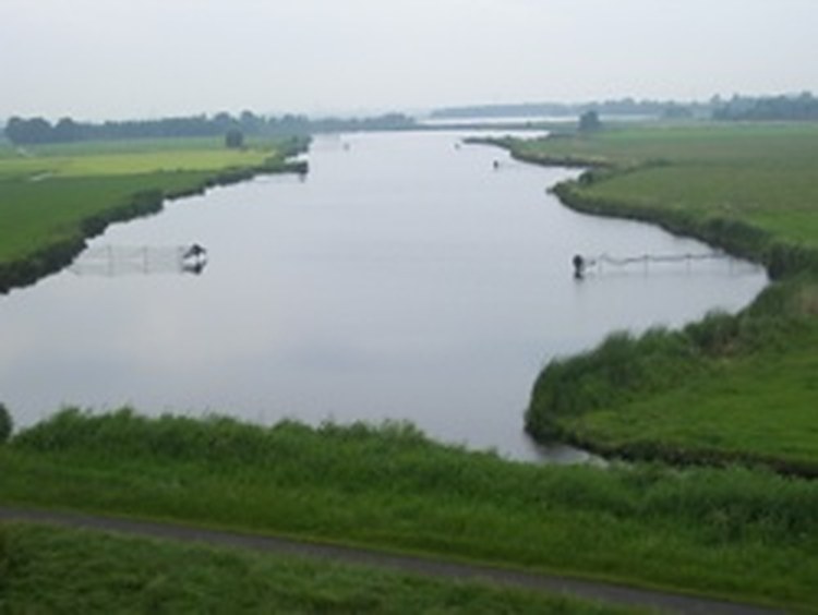 Het water van de Leek achter de boerderij, met riet langs de oever